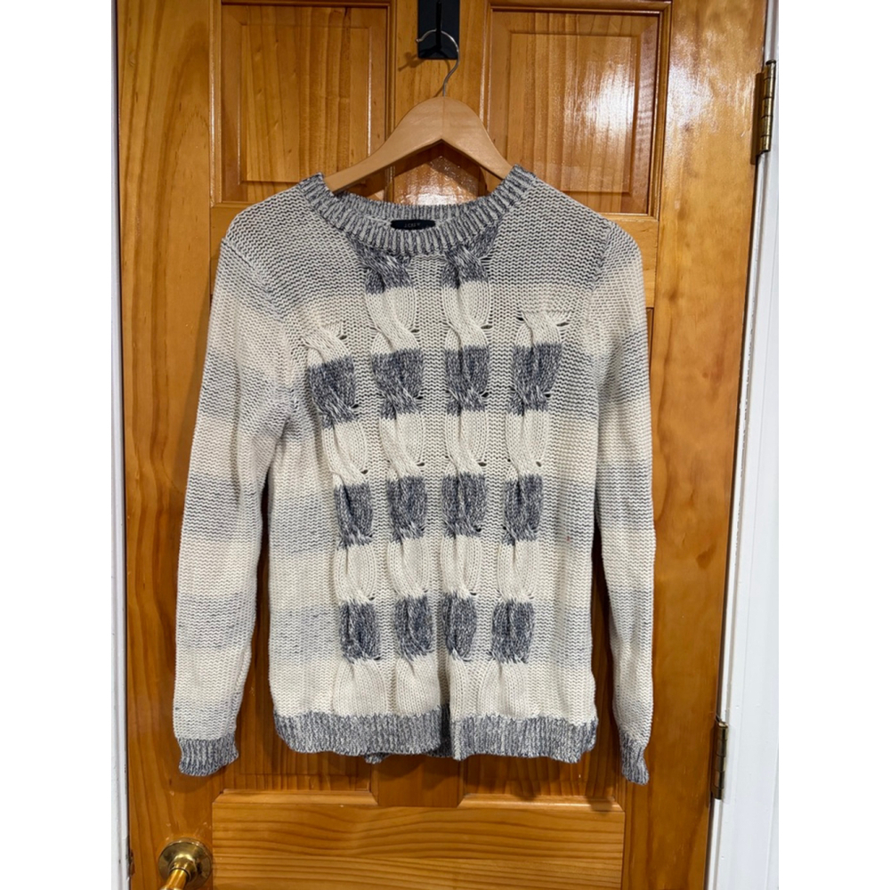 J.Crew Cable Knit Sweater Cream Blue Gray Cotton Chunky Fisherman Cozy M